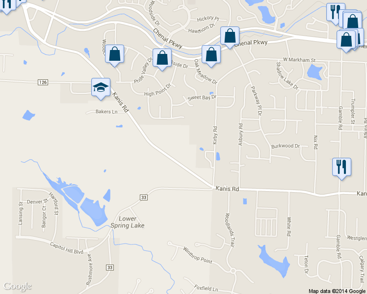 map of restaurants, bars, coffee shops, grocery stores, and more near 14220 Kanis Road in Little Rock