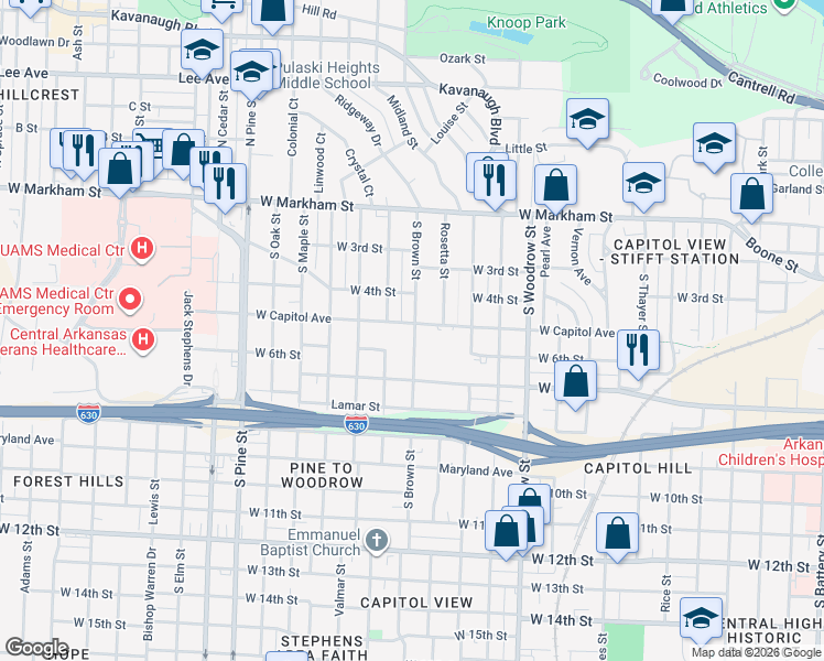 map of restaurants, bars, coffee shops, grocery stores, and more near 3308 West Capitol Avenue in Little Rock