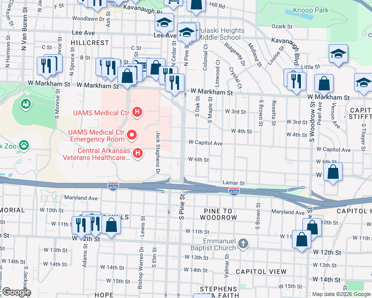 map of restaurants, bars, coffee shops, grocery stores, and more near 3815 West Capitol Avenue in Little Rock