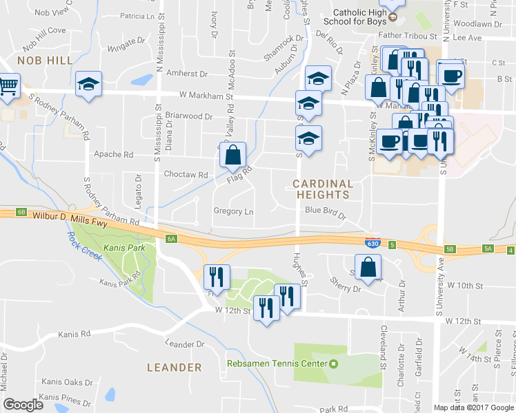 map of restaurants, bars, coffee shops, grocery stores, and more near 6900 Blue Bird Drive in Little Rock