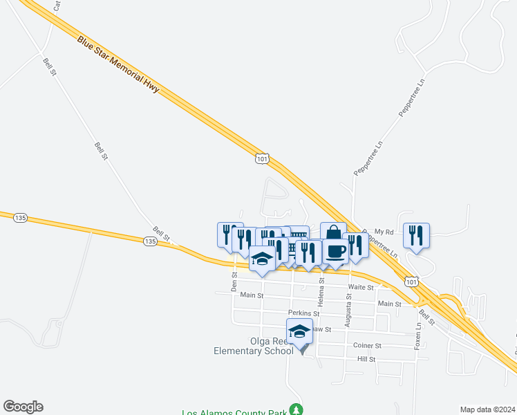 map of restaurants, bars, coffee shops, grocery stores, and more near 21 Chamiso Drive in Los Alamos
