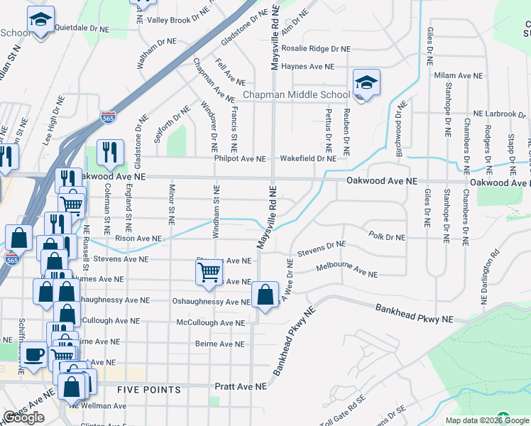 map of restaurants, bars, coffee shops, grocery stores, and more near 1618 Mckinley Avenue Northeast in Huntsville