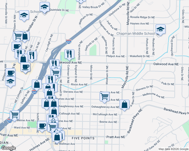 map of restaurants, bars, coffee shops, grocery stores, and more near 1312 Mckinley Avenue Northeast in Huntsville