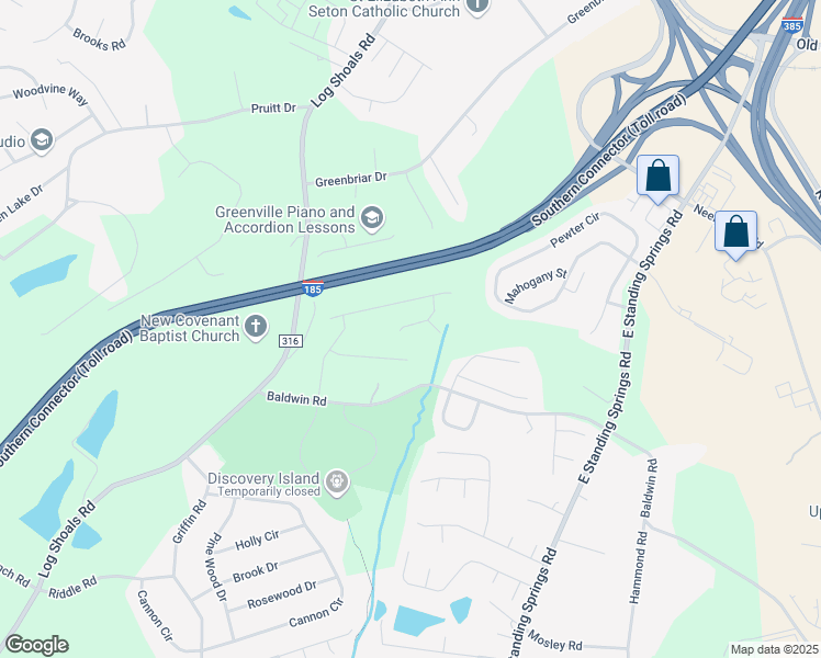 map of restaurants, bars, coffee shops, grocery stores, and more near 628 Log Shoals Road in Greenville