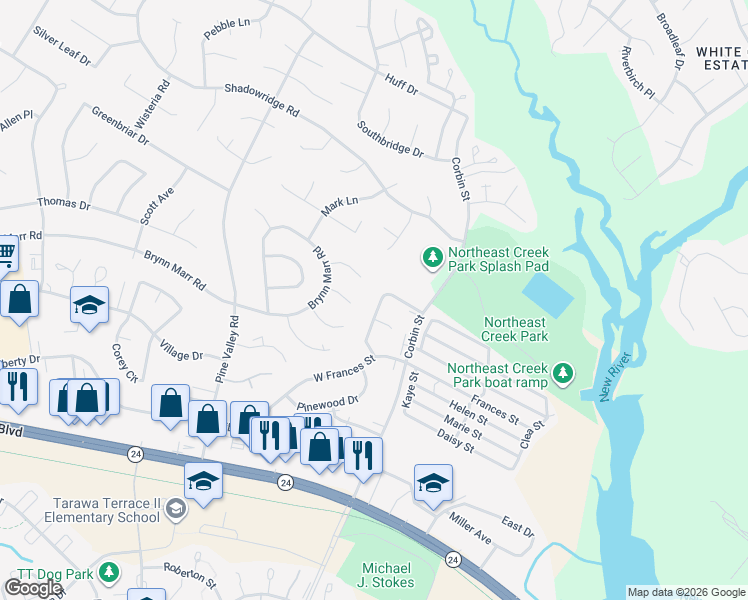 map of restaurants, bars, coffee shops, grocery stores, and more near 139 Pine Crest Drive in Jacksonville