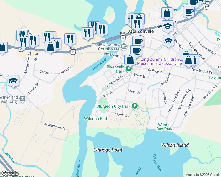 map of restaurants, bars, coffee shops, grocery stores, and more near 46 L P Willingham Parkway in Jacksonville