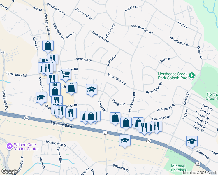 map of restaurants, bars, coffee shops, grocery stores, and more near 149 Village Circle in Jacksonville