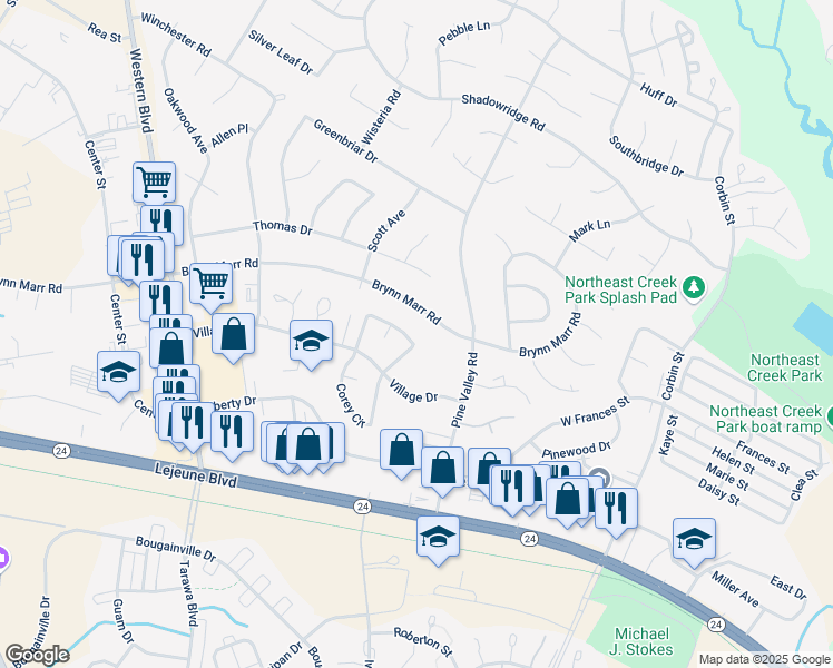 map of restaurants, bars, coffee shops, grocery stores, and more near 163 Village Circle in Jacksonville
