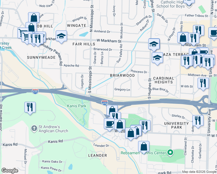 map of restaurants, bars, coffee shops, grocery stores, and more near 723 Ouachita Pl in Little Rock