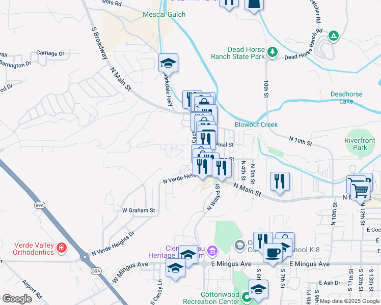 map of restaurants, bars, coffee shops, grocery stores, and more near 113 West Pinal Street in Cottonwood
