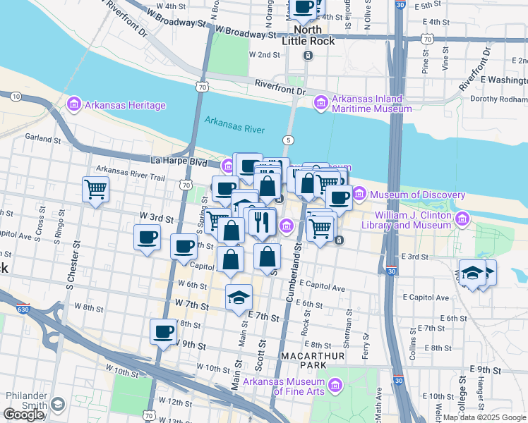map of restaurants, bars, coffee shops, grocery stores, and more near 115 East Markham Street in Little Rock