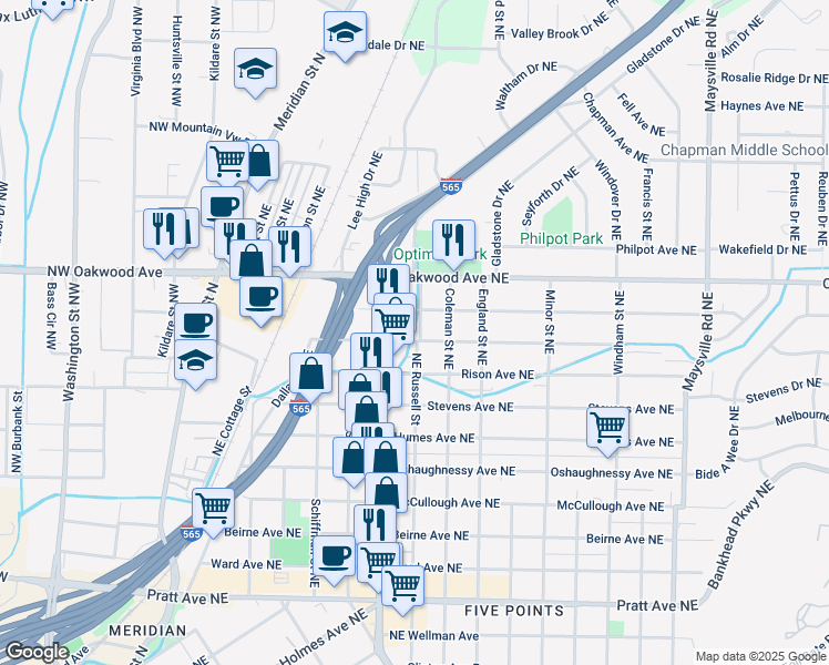 map of restaurants, bars, coffee shops, grocery stores, and more near 715 Halsey Ave NE in Huntsville