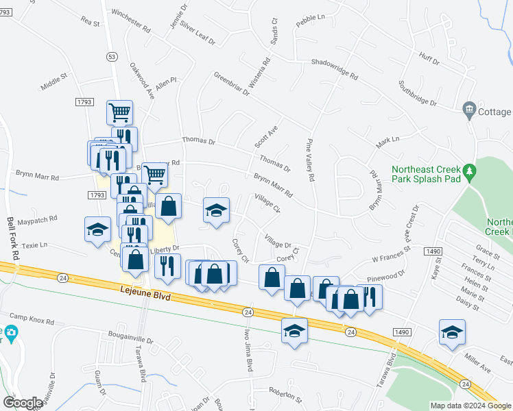 map of restaurants, bars, coffee shops, grocery stores, and more near 149 Village Circle in Jacksonville