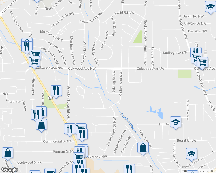 map of restaurants, bars, coffee shops, grocery stores, and more near 1623 Hampton Road Northwest in Huntsville