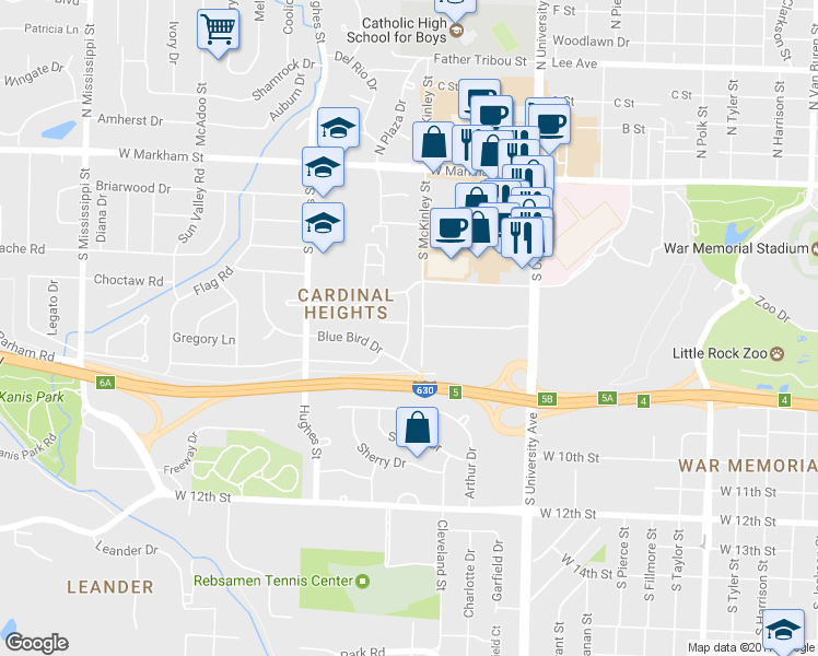 map of restaurants, bars, coffee shops, grocery stores, and more near 608 Chickadee Drive in Little Rock