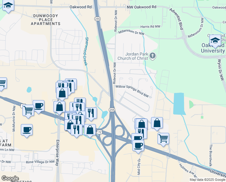 map of restaurants, bars, coffee shops, grocery stores, and more near 220 Rideout Drive Northwest in Huntsville