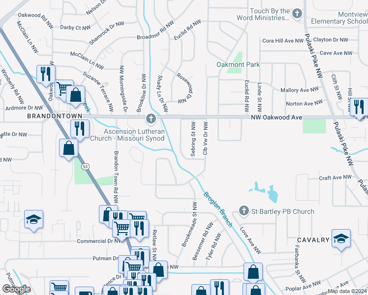 map of restaurants, bars, coffee shops, grocery stores, and more near 1622 Hampton Road Northwest in Huntsville