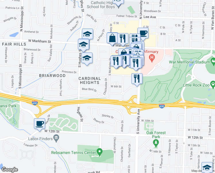 map of restaurants, bars, coffee shops, grocery stores, and more near 601 Chickadee Drive in Little Rock
