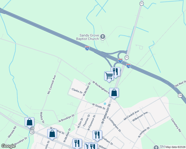 map of restaurants, bars, coffee shops, grocery stores, and more near 638 North McNair Street in Maxton