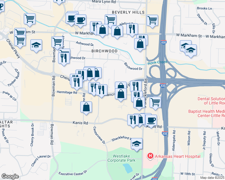 map of restaurants, bars, coffee shops, grocery stores, and more near 700 Hardin Road in Little Rock