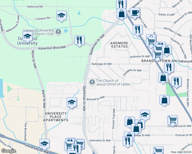 map of restaurants, bars, coffee shops, grocery stores, and more near 1807 Carson Lane Northwest in Huntsville