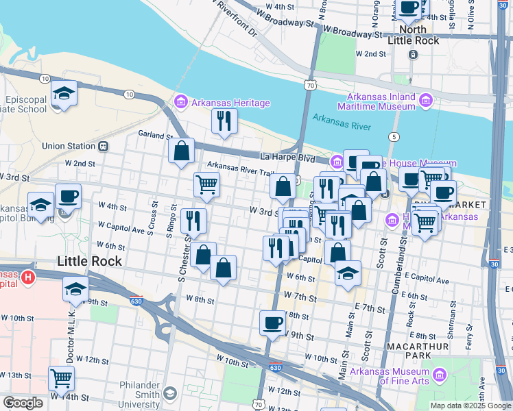 map of restaurants, bars, coffee shops, grocery stores, and more near in Little Rock
