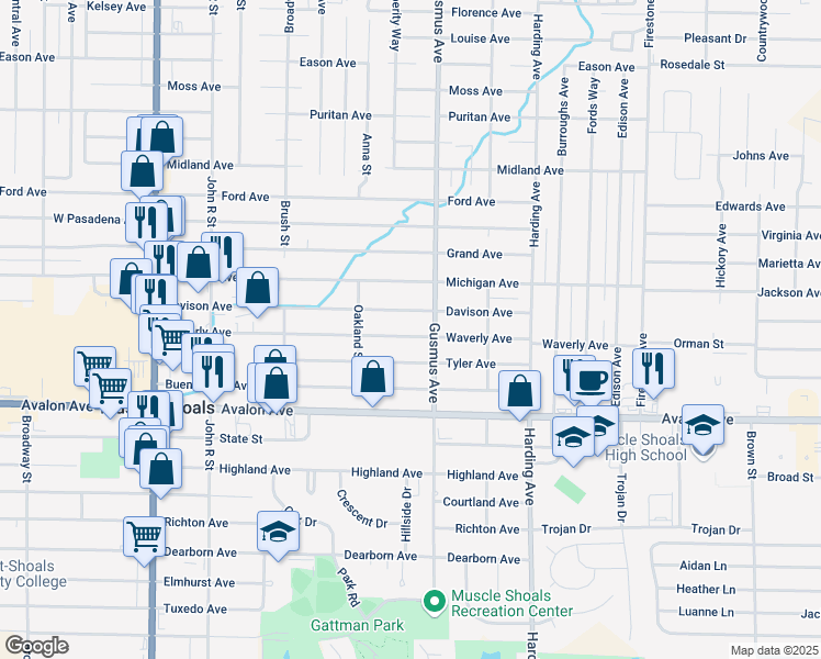 map of restaurants, bars, coffee shops, grocery stores, and more near 917 Waverly Avenue in Muscle Shoals