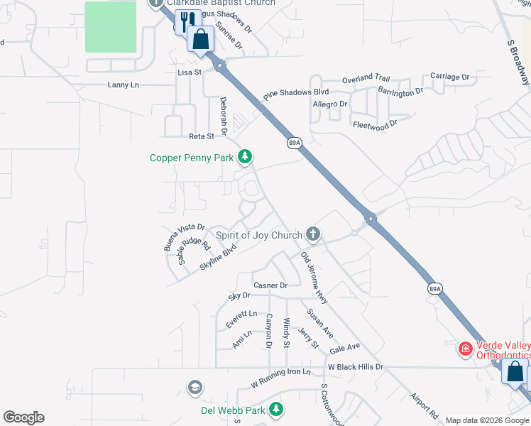 map of restaurants, bars, coffee shops, grocery stores, and more near 410 Skyline Boulevard in Clarkdale