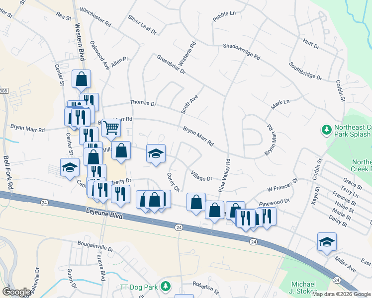 map of restaurants, bars, coffee shops, grocery stores, and more near 136 Village Court in Jacksonville