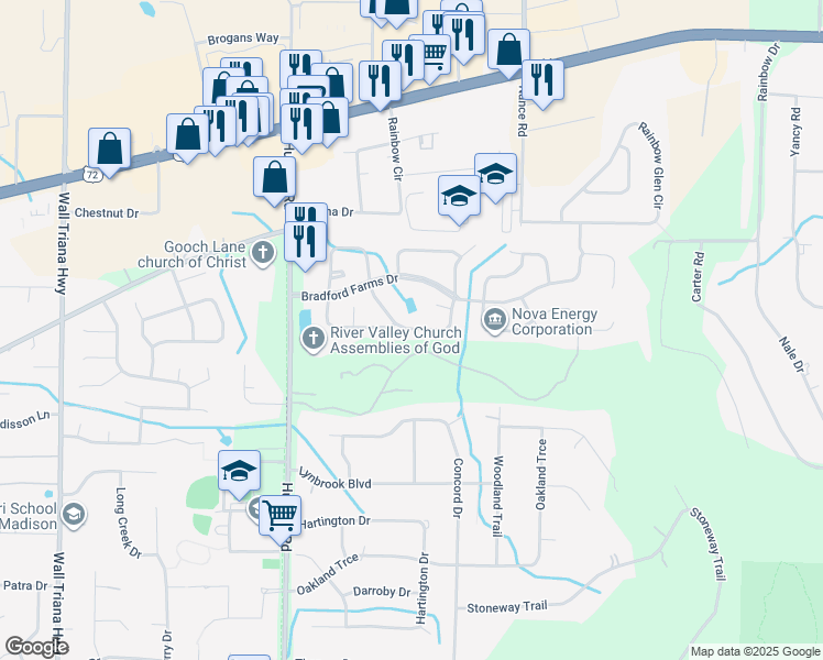 map of restaurants, bars, coffee shops, grocery stores, and more near 117 Champions Green Drive in Madison