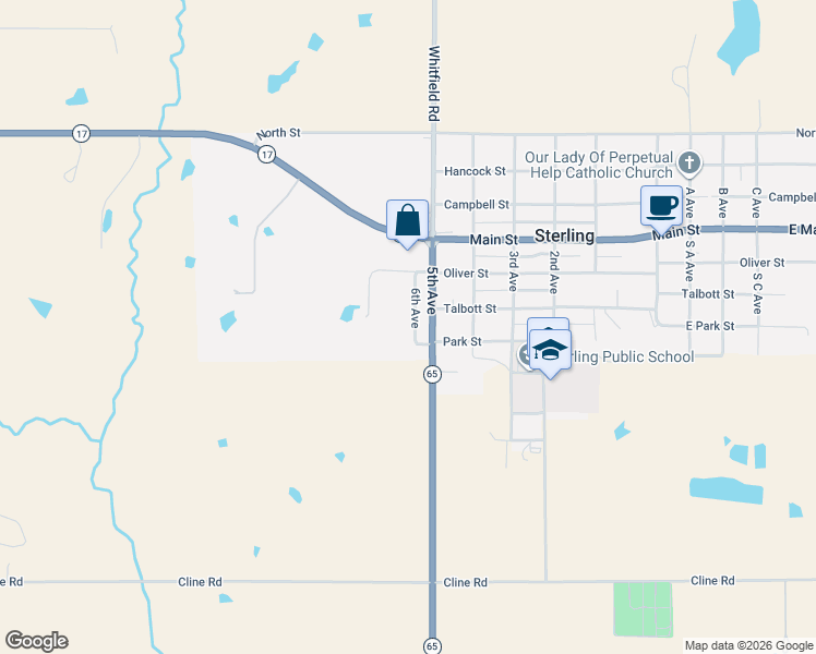 map of restaurants, bars, coffee shops, grocery stores, and more near 114 6th Avenue in Sterling