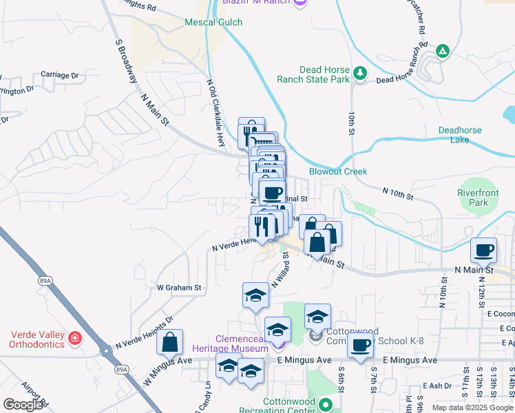 map of restaurants, bars, coffee shops, grocery stores, and more near 920 North Main Street in Cottonwood