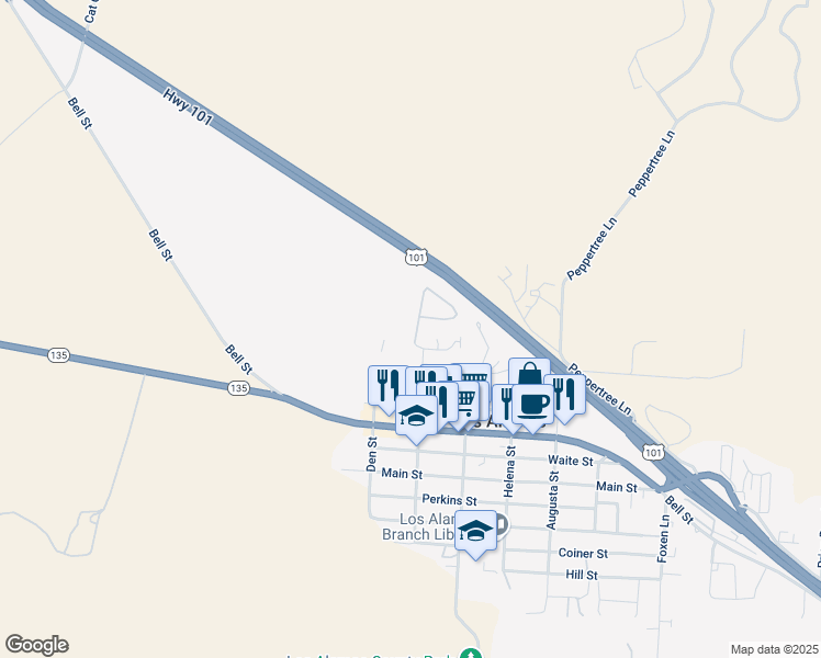 map of restaurants, bars, coffee shops, grocery stores, and more near 21 Chamiso Drive in Los Alamos