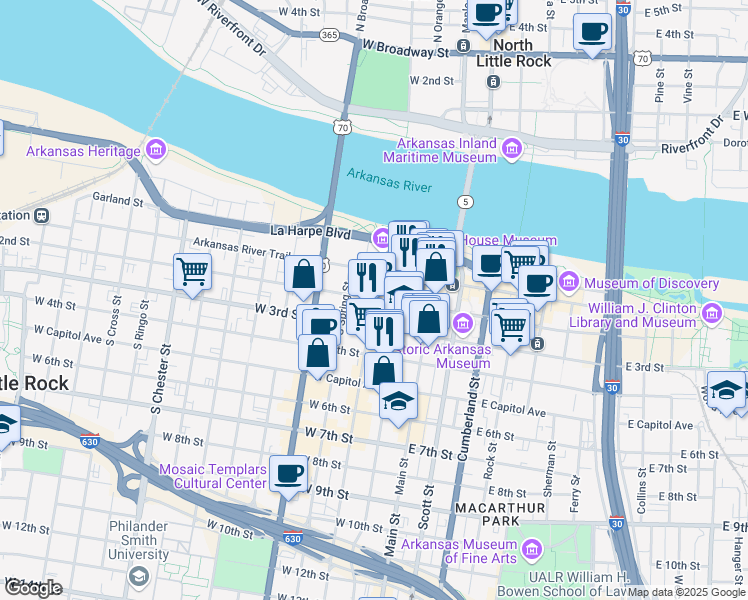 map of restaurants, bars, coffee shops, grocery stores, and more near 111 Center Street in Little Rock