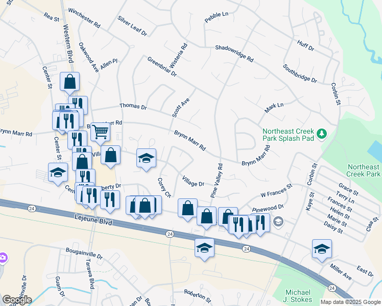 map of restaurants, bars, coffee shops, grocery stores, and more near 159 Village Circle in Jacksonville