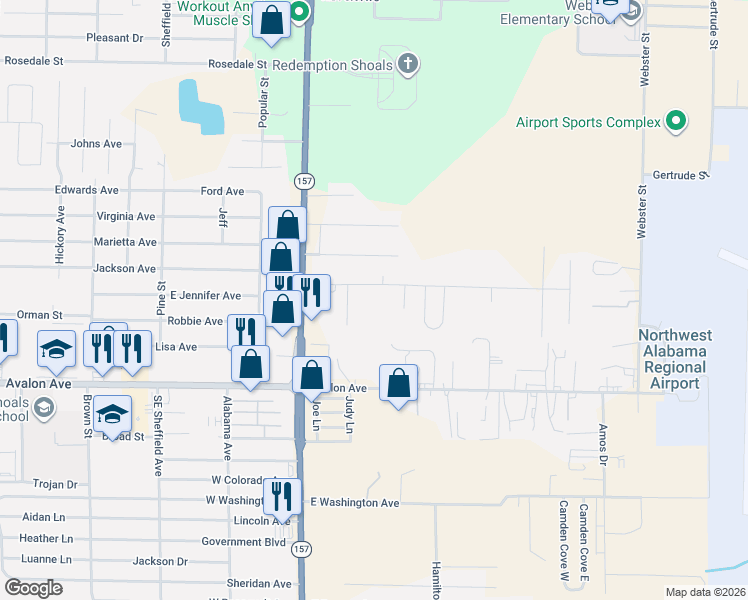 map of restaurants, bars, coffee shops, grocery stores, and more near 100-380 Blaine Avenue in Muscle Shoals