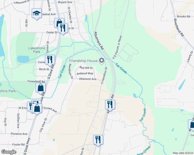 map of restaurants, bars, coffee shops, grocery stores, and more near 1473 Red Hill Dr in Dalton