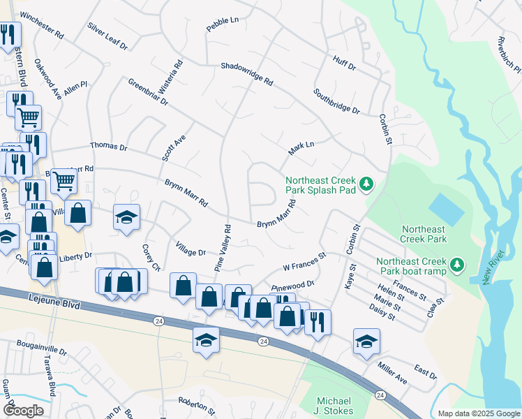 map of restaurants, bars, coffee shops, grocery stores, and more near 102 Carolina Circle in Jacksonville