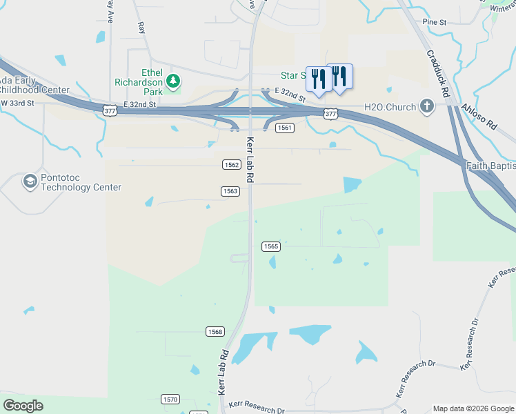 map of restaurants, bars, coffee shops, grocery stores, and more near 16346 County Road 3560 in Ada