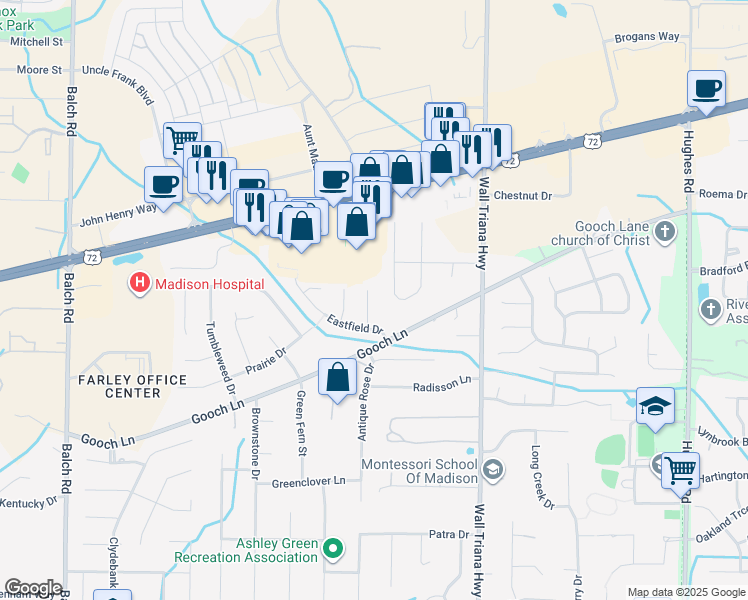 map of restaurants, bars, coffee shops, grocery stores, and more near 134 Arabian Drive in Madison