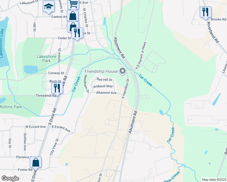 map of restaurants, bars, coffee shops, grocery stores, and more near 1473 Red Hill Drive in Dalton