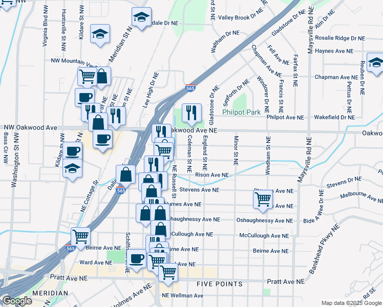 map of restaurants, bars, coffee shops, grocery stores, and more near 1102 Coleman Street Northeast in Huntsville
