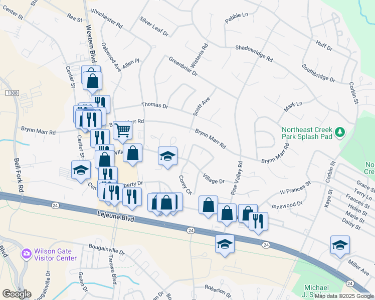 map of restaurants, bars, coffee shops, grocery stores, and more near 111 Village Drive in Jacksonville