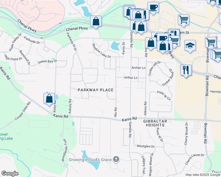 map of restaurants, bars, coffee shops, grocery stores, and more near 32 Burkwood Drive in Little Rock