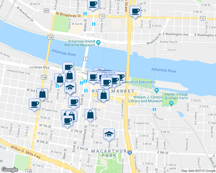 map of restaurants, bars, coffee shops, grocery stores, and more near 446 President Clinton Avenue in Little Rock