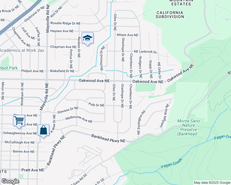 map of restaurants, bars, coffee shops, grocery stores, and more near 814 Giles Drive Northeast in Huntsville