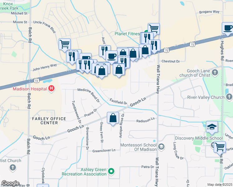map of restaurants, bars, coffee shops, grocery stores, and more near 108 Lonesome Court in Madison