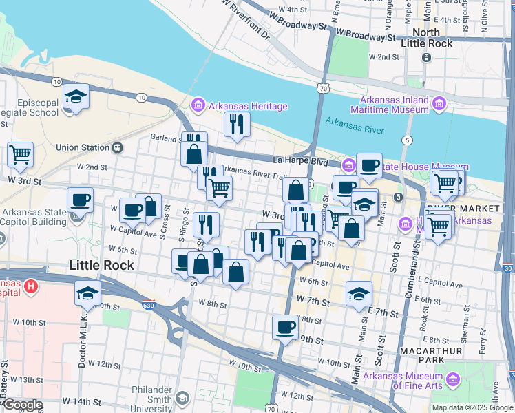 map of restaurants, bars, coffee shops, grocery stores, and more near 712 West 3rd Street in Little Rock