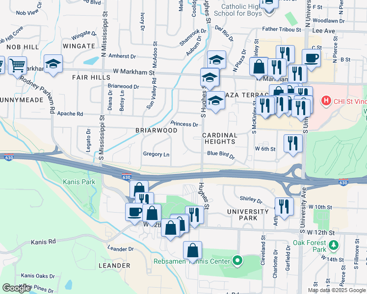 map of restaurants, bars, coffee shops, grocery stores, and more near 6815 Blue Bird Drive in Little Rock