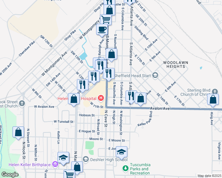 map of restaurants, bars, coffee shops, grocery stores, and more near East Thompson Street in Sheffield